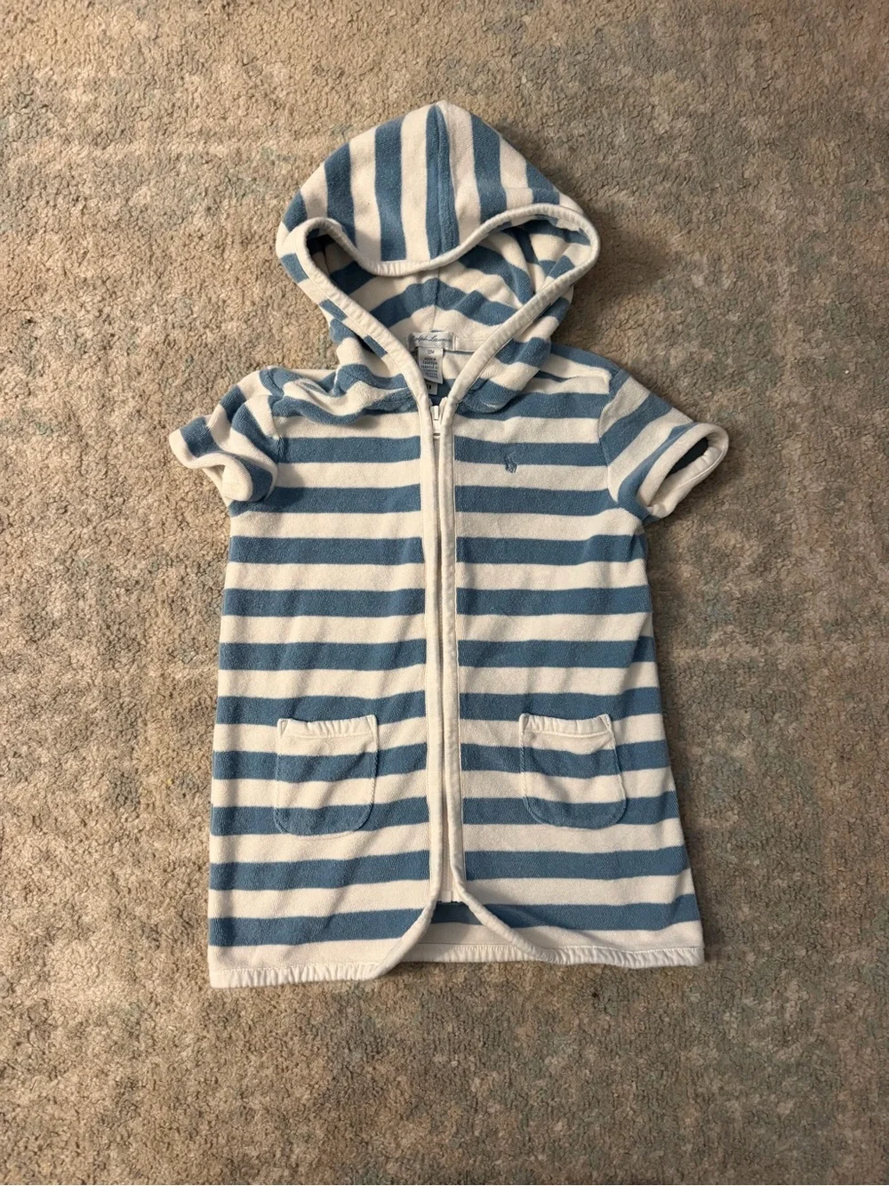 Ralph Lauren Hooded Short-Sleeve Terry Cover-Up in Blue and White Stripes